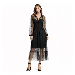 Zanzea Black Sheer Polkadot Tulle Long Sleeve Dress